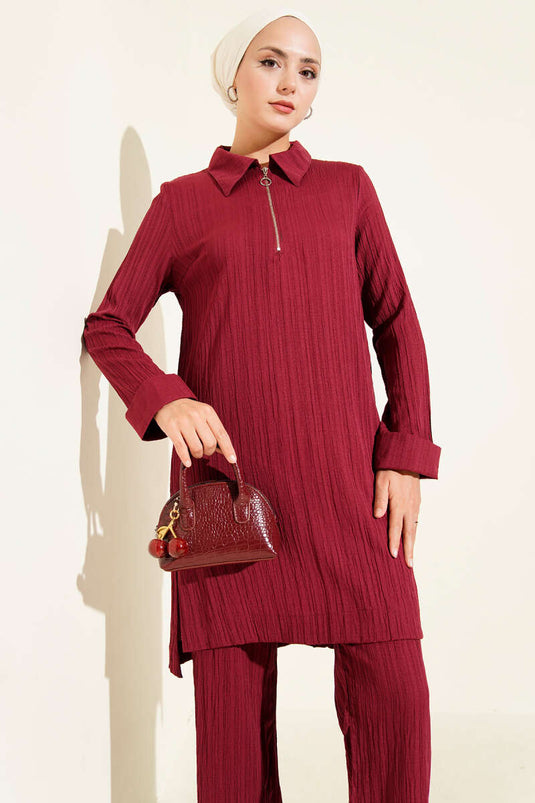 Crinkle Half Zippered Two Piece Suit Burgundy