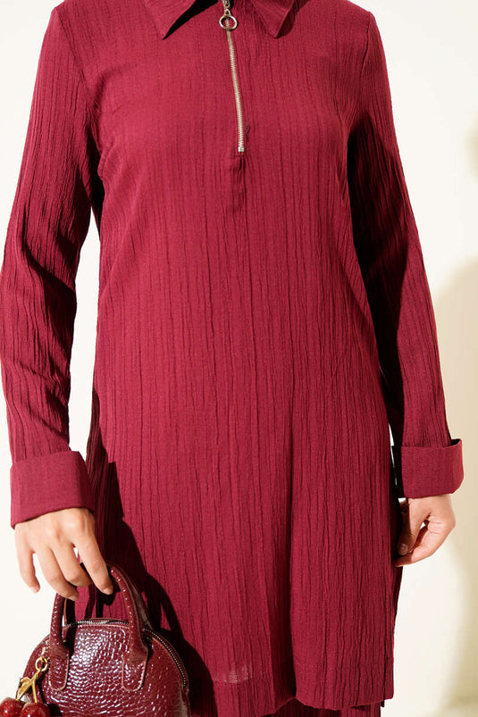 Crinkle Half Zippered Two Piece Suit Burgundy