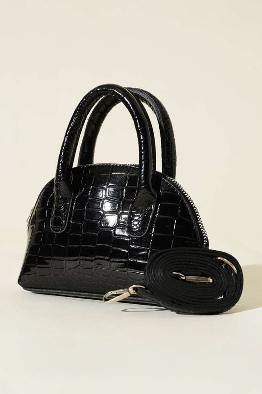 Crocodile Pattern Patent Leather Mini Bag Black