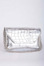 Sac pochette à chaîne à motif crocodile argenté