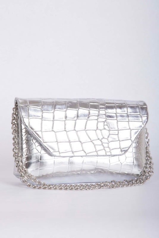 Borsa a Tracolla a Catena con Motivo Kroko Argento