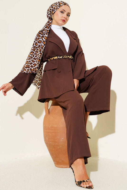 Double Breasted Basic Two Piece Suit Brown