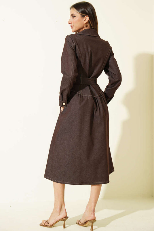 Kruvaze Boydan Düğmeli Kot Elbise Kahve