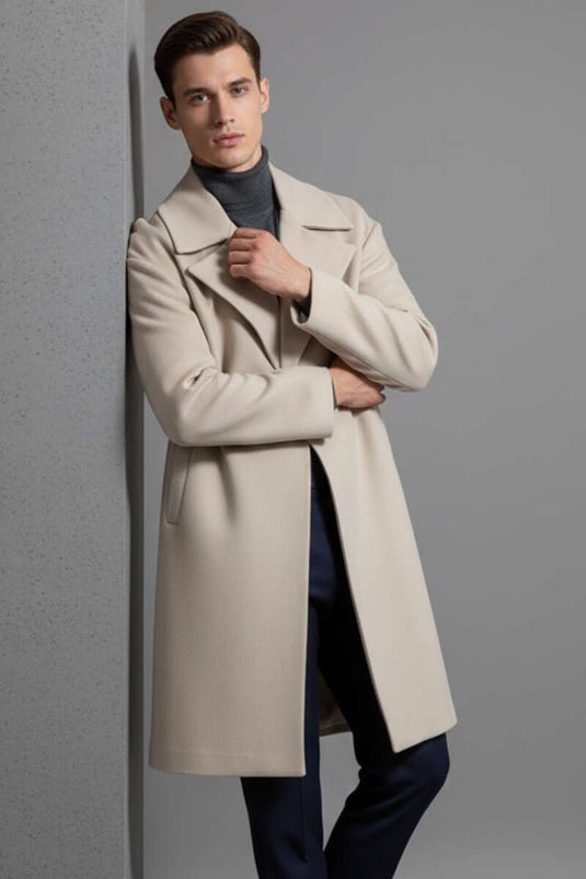Men's Double-Breasted Long Cashmere Coat with Two Pockets, Beige