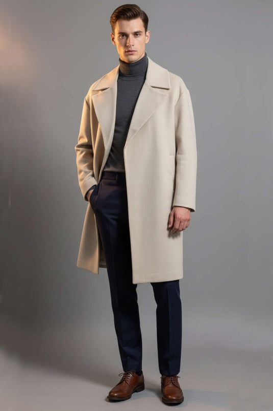 Men's Double-Breasted Long Cashmere Coat with Two Pockets, Beige
