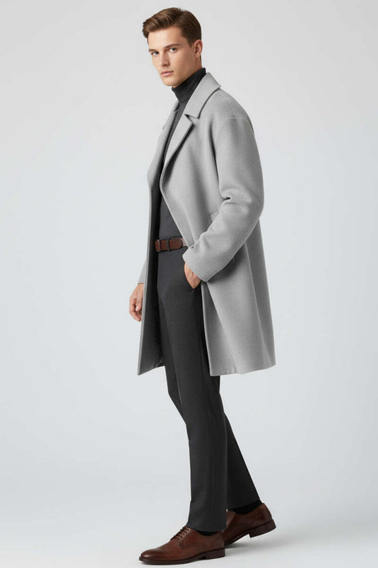 Men's Double-Breasted Long Cashmere Coat with Two Pockets, Grey