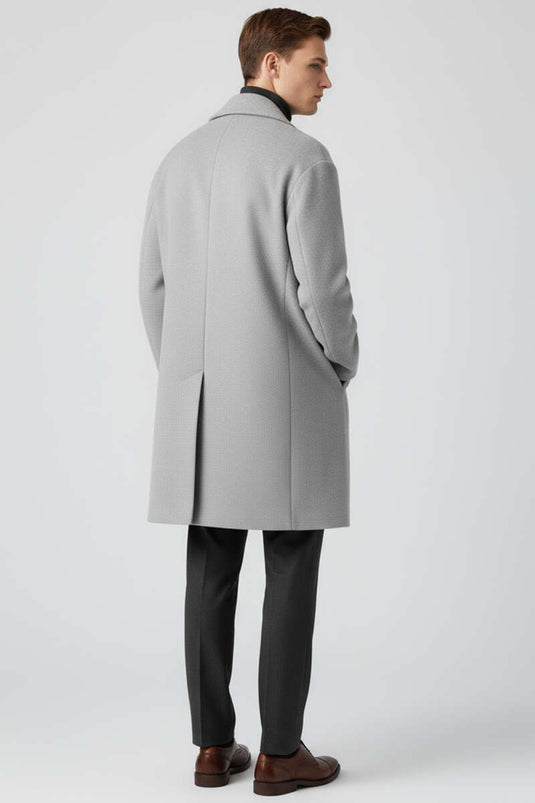 Men's Double-Breasted Long Cashmere Coat with Two Pockets, Grey