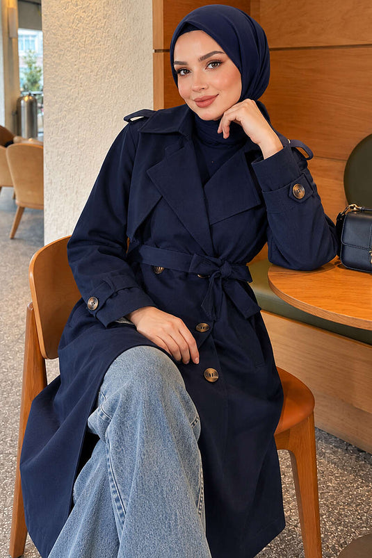 Langer Knopf-Trenchcoat Mit Umschlag Navy