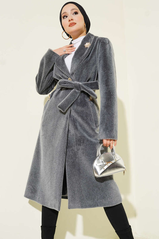 Kruvaze Gold Düğmeli Kaşe Kaban Füme