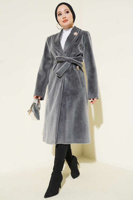 Kruvaze Gold Düğmeli Kaşe Kaban Füme