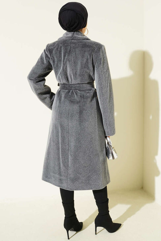 Kruvaze Gold Düğmeli Kaşe Kaban Füme