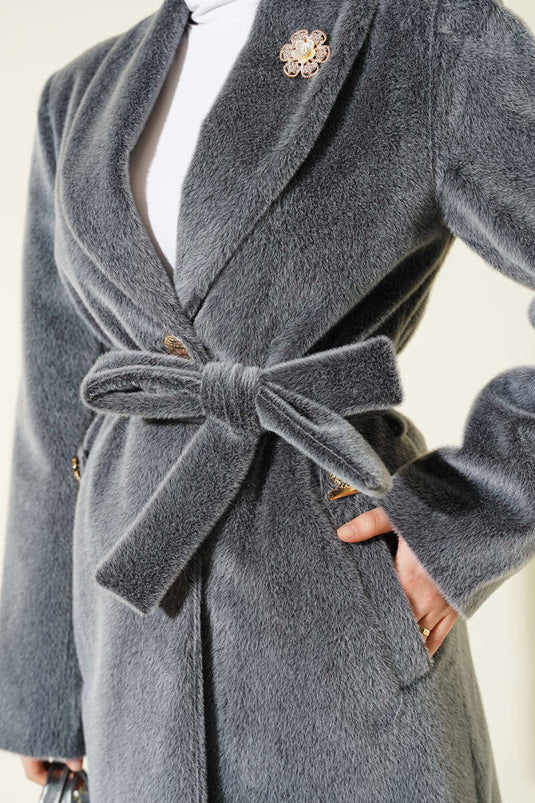 Kruvaze Gold Düğmeli Kaşe Kaban Füme