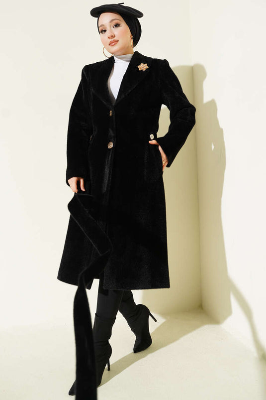 Kruvaze Gold Düğmeli Kaşe Kaban Siyah