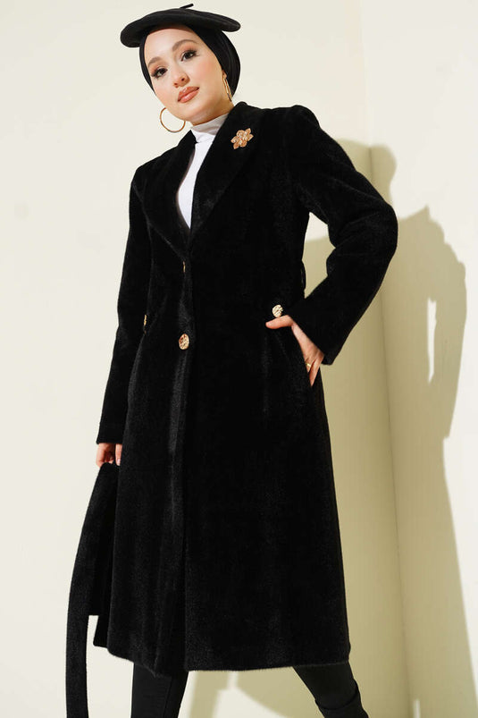 Kruvaze Gold Düğmeli Kaşe Kaban Siyah