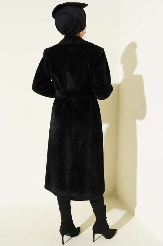 Kruvaze Gold Düğmeli Kaşe Kaban Siyah