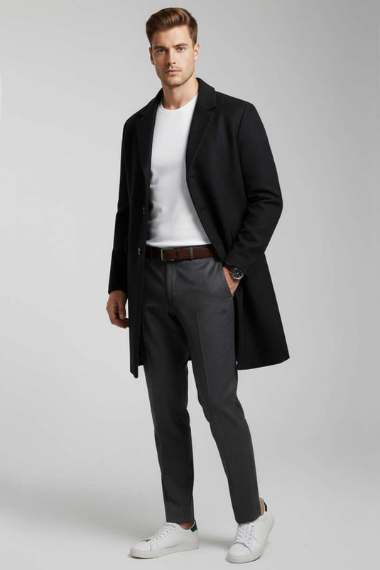 Men's Double-Breasted Two-Button Cashmere Coat, Black
