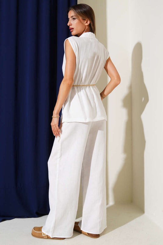 Double-Breasted Belted Two-Piece Set in White