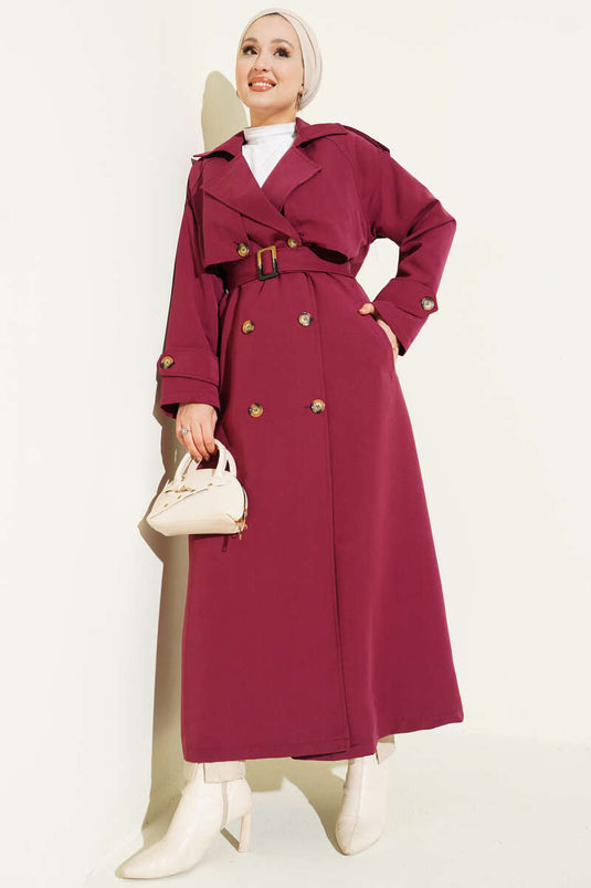 Trench-coat croisé avec cape et ceinture, bordeaux