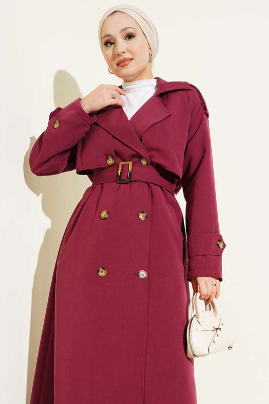 Trench-coat croisé avec cape et ceinture, bordeaux