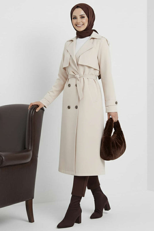Double-Breasted Cape Belted Trench Coat in Ecru