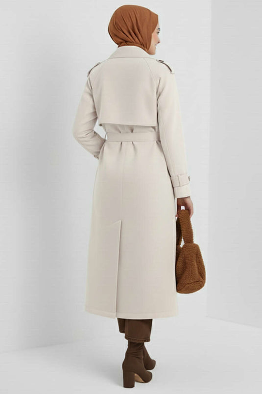 Double-Breasted Cape Belted Trench Coat in Ecru