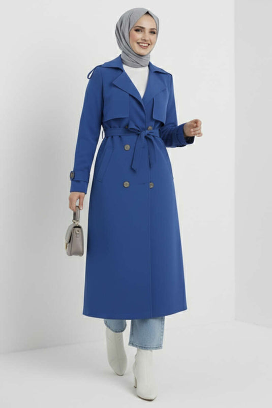 Double-Breasted Cape Belted Trench Coat Indigo