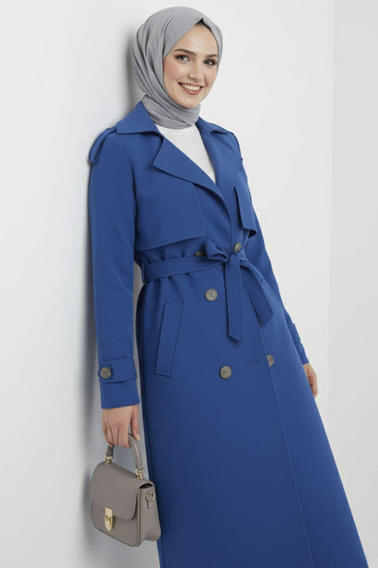Double-Breasted Cape Belted Trench Coat Indigo