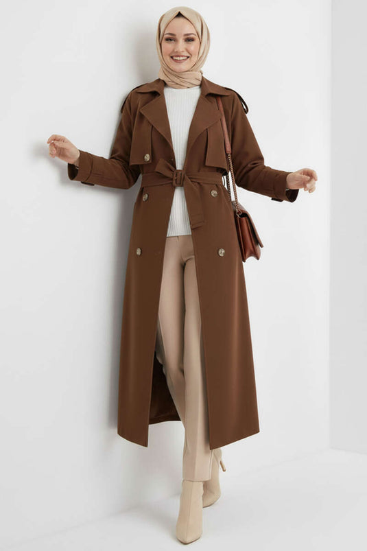 Double-Breasted Cape Belted Trench Coat Brown