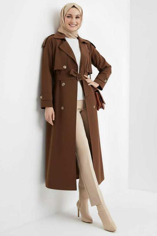 Double-Breasted Cape Belted Trench Coat Brown