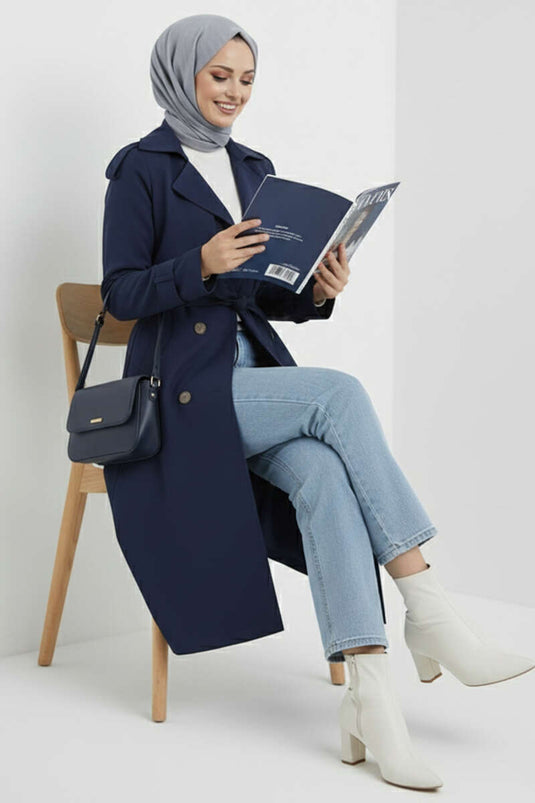 Double-Breasted Cape Belted Trench Coat Navy Blue