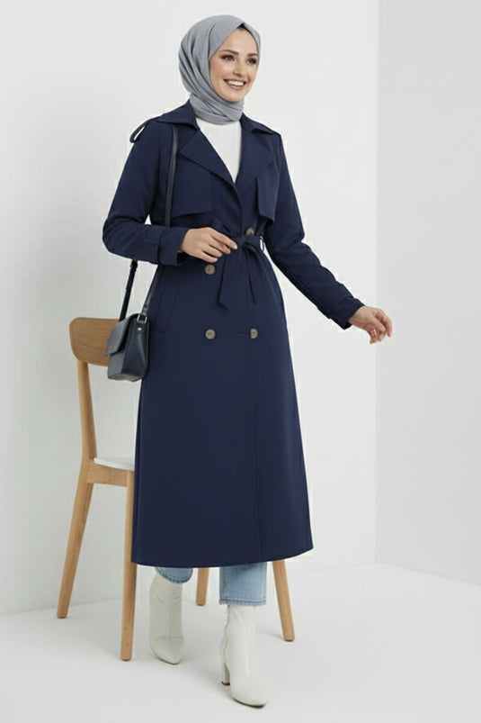 Double-Breasted Cape Belted Trench Coat Navy Blue