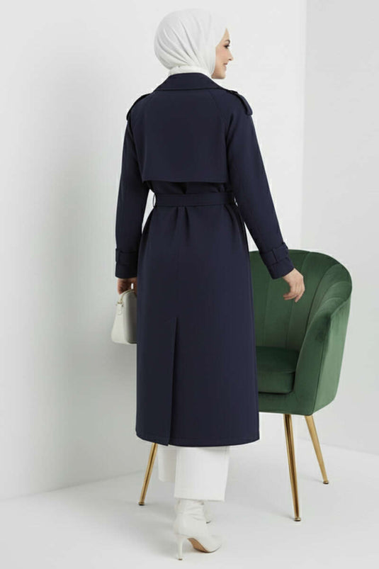 Double-Breasted Cape Belted Trench Coat Navy Blue