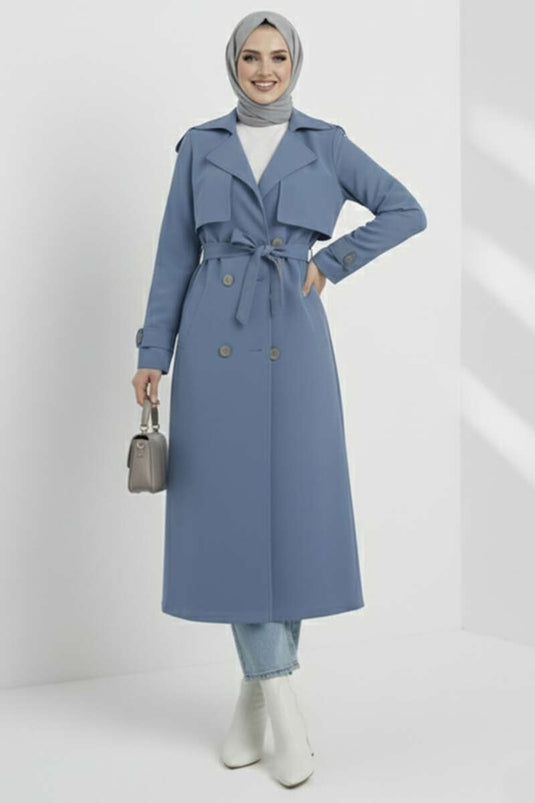 معطف ترنش أزرق مزدوج الصدر مزود بحزام