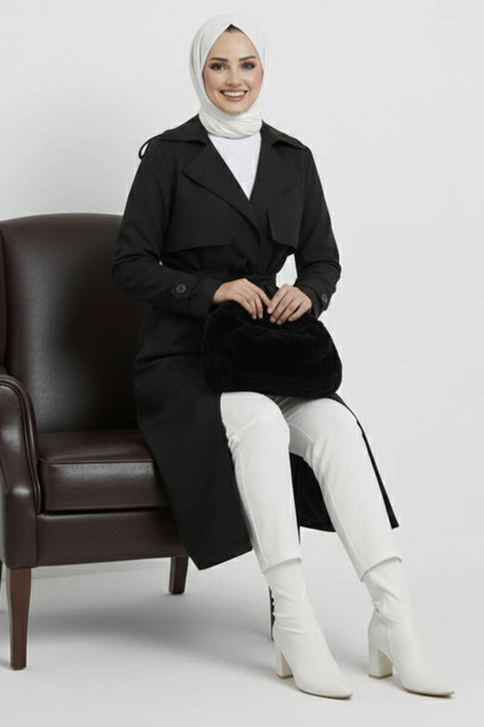 معطف ترنش أسود مزدوج الصدر مزود بحزام