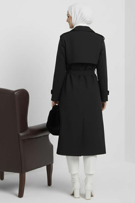 معطف ترنش أسود مزدوج الصدر مزود بحزام