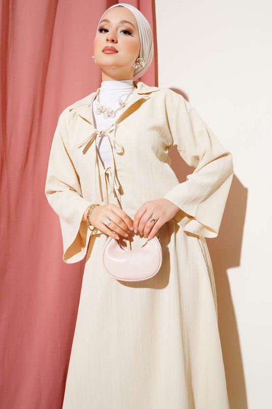 Double Breasted Tree Bark Skirt Suit Beige