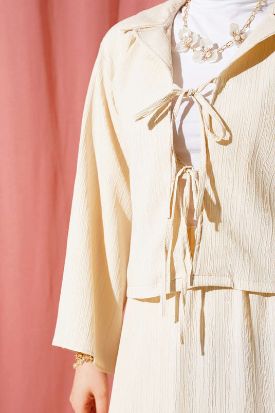 Double Breasted Tree Bark Skirt Suit Beige