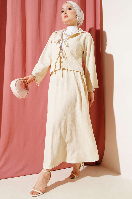 Double Breasted Tree Bark Skirt Suit Beige