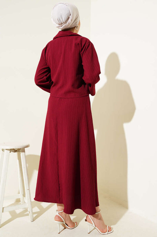Wrap Collar Tree Bark Skirt Set Burgundy