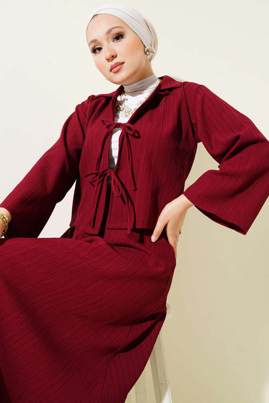 Wrap Collar Tree Bark Skirt Set Burgundy