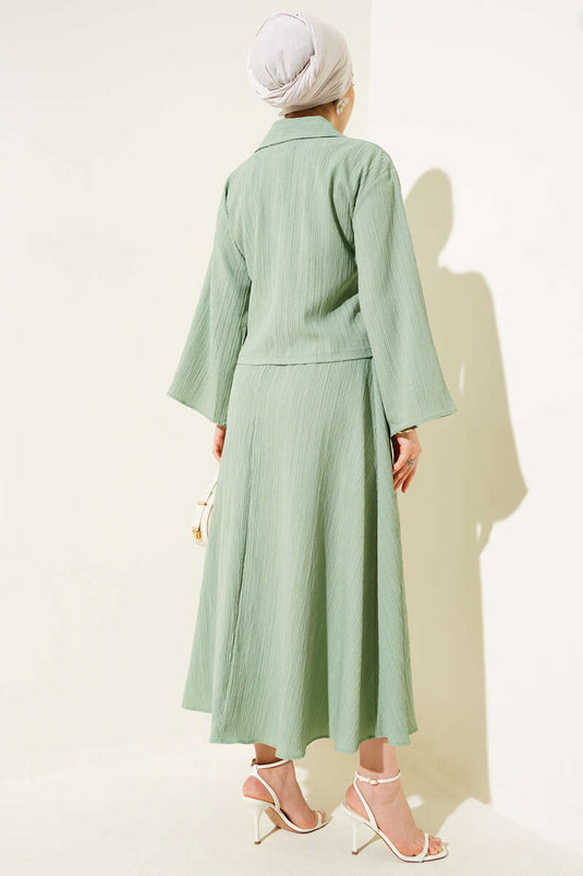Wrap Collar Tree Bark Skirt Set in Olive Green