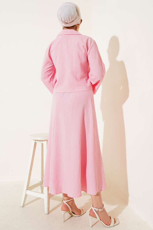 Wrap Collar Tree Bark Skirt Set Pink