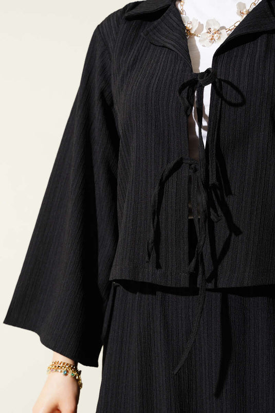 Wrap Collar Tree Bark Skirt Set Black