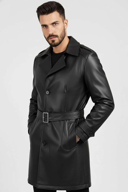 Men's Mid-Length Black Trench Coat with Wrap Collar
