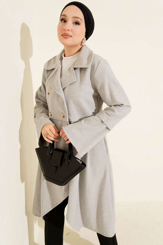 Kruvaze Yaka Asimetrik Kaşe Kaban Gri