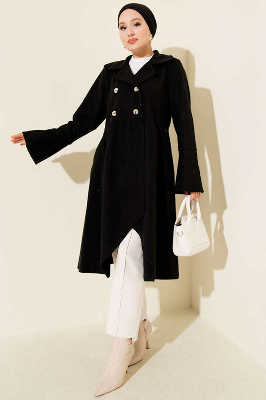 Kruvaze Yaka Asimetrik Kaşe Kaban Siyah