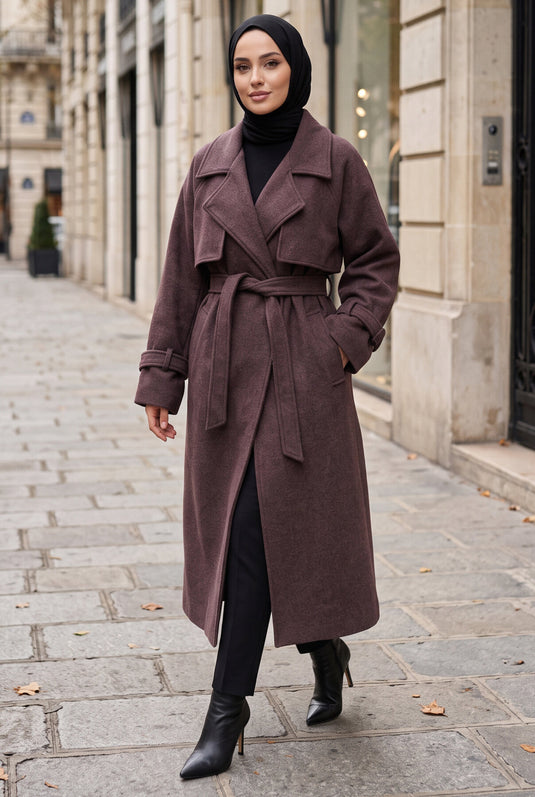 Kruvaze Yaka Astarlı Uzun Kaşe Kaban Mürdüm