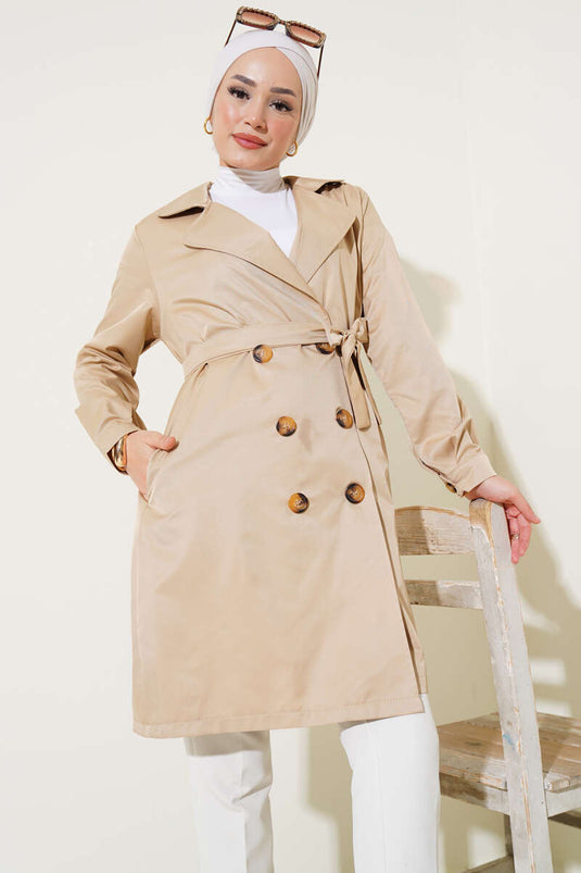 Beige, zweireihiger, ungefütterter Trenchcoat