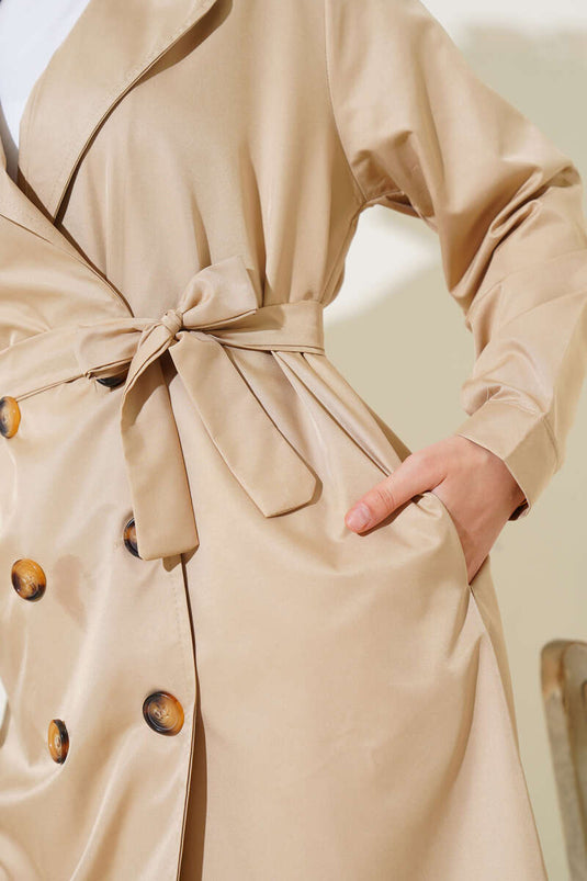 Beige, zweireihiger, ungefütterter Trenchcoat