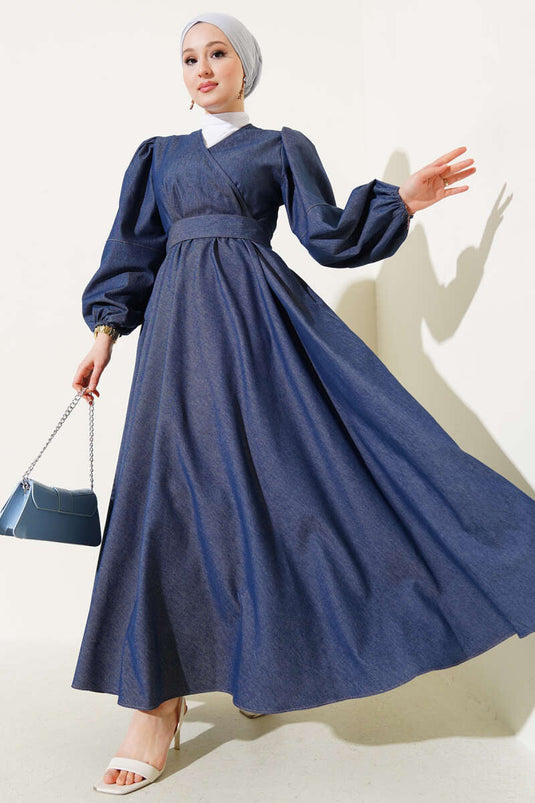 Robe en jean à manches ballon croisées bleu foncé